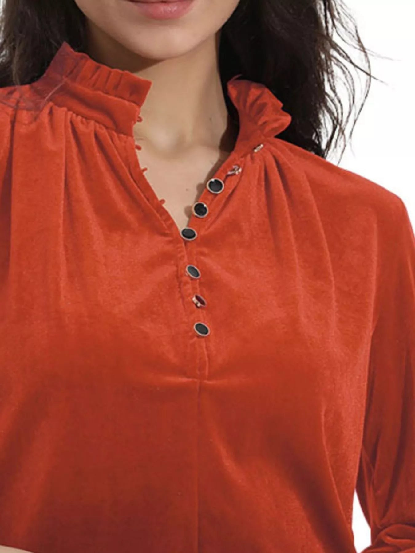 Women Red Velvet Long Sleeve Blouse with Ruffle Neckline