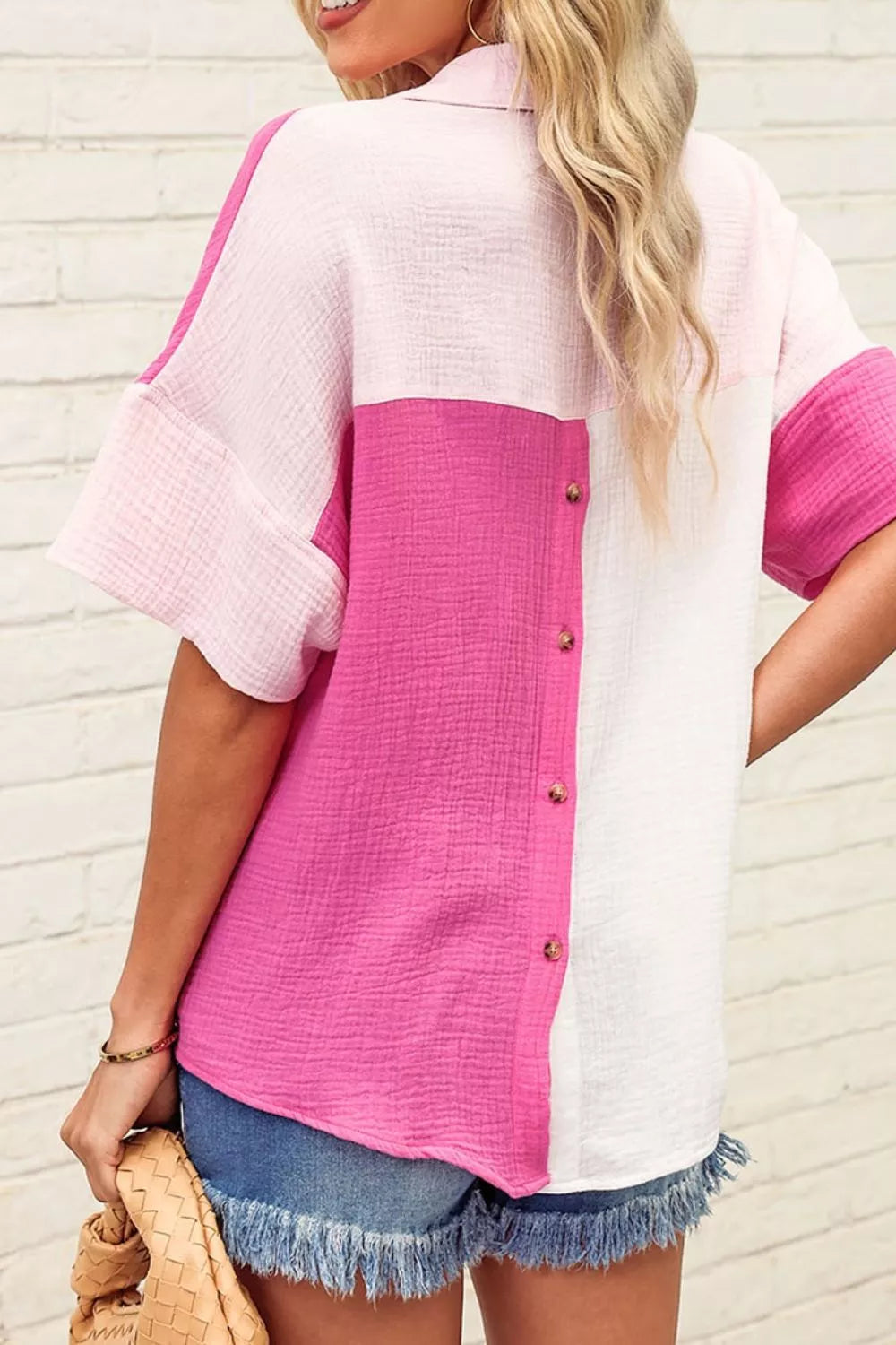 Color Block Casual Cotton Button Down Shirt in Pink and White