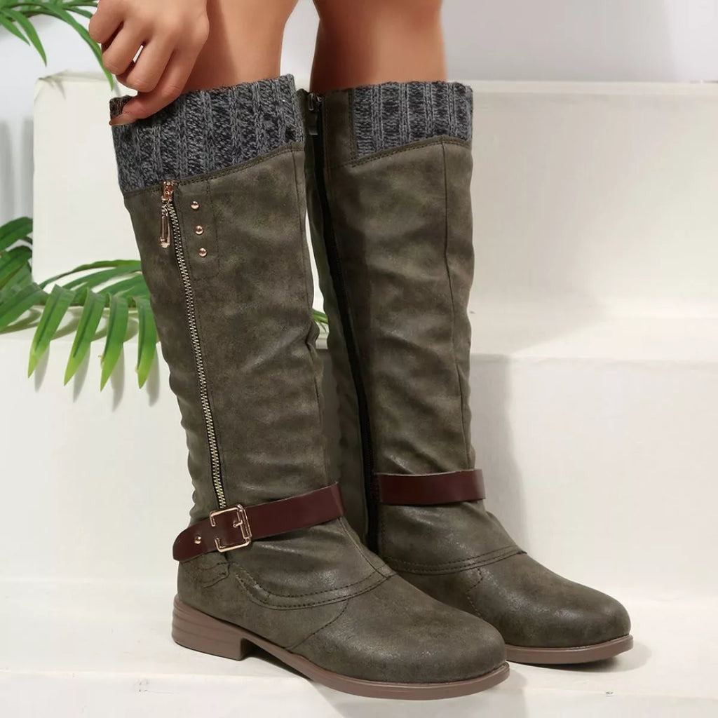 Women Black Suede Mid-Calf Boots with Knit Cuff and Buckle Detail