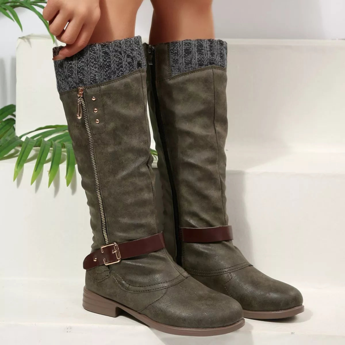 Women Black Suede Mid-Calf Boots with Knit Cuff and Buckle Detail