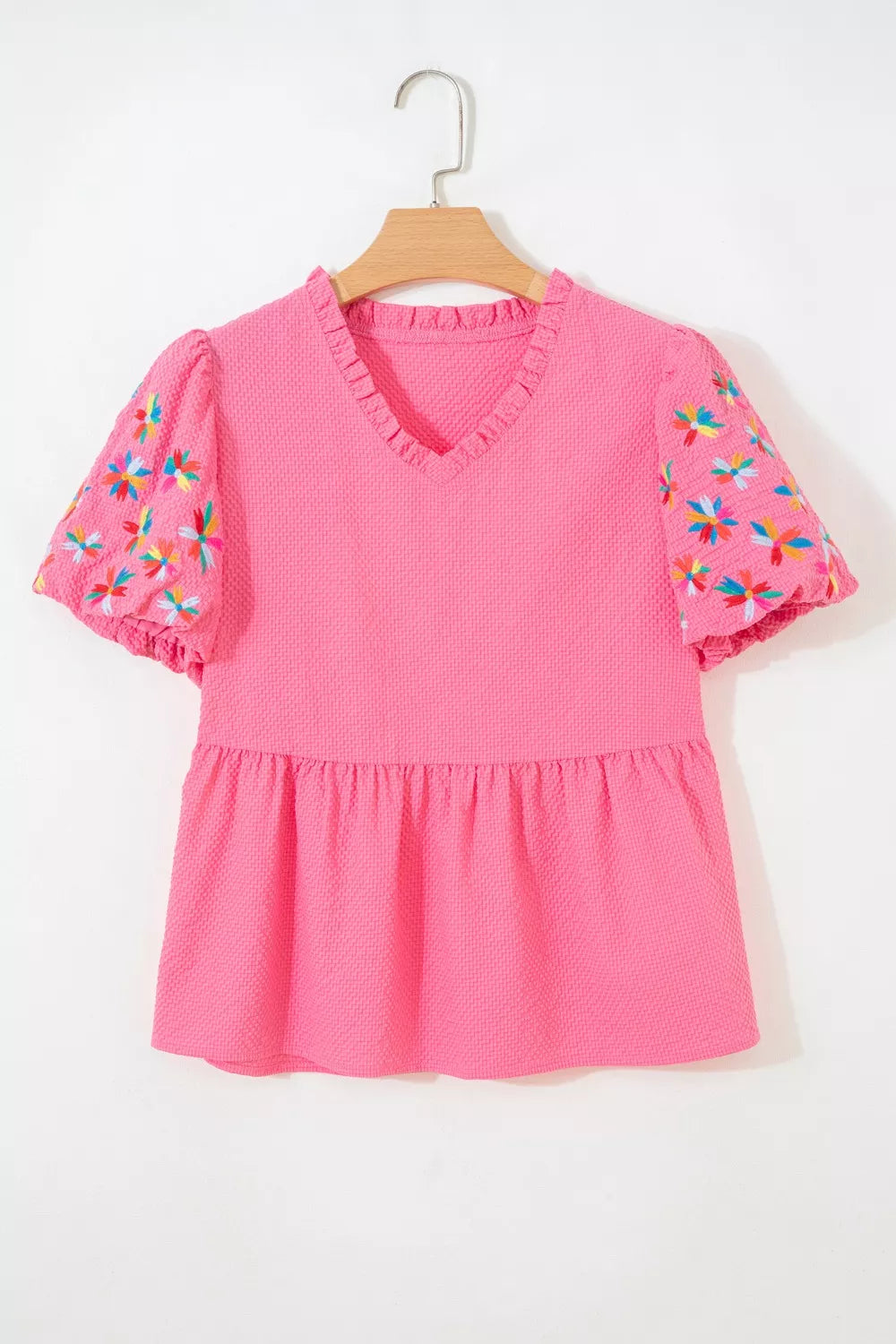 Pink V-Neck Embroidered Puff Sleeve Textured Blouse