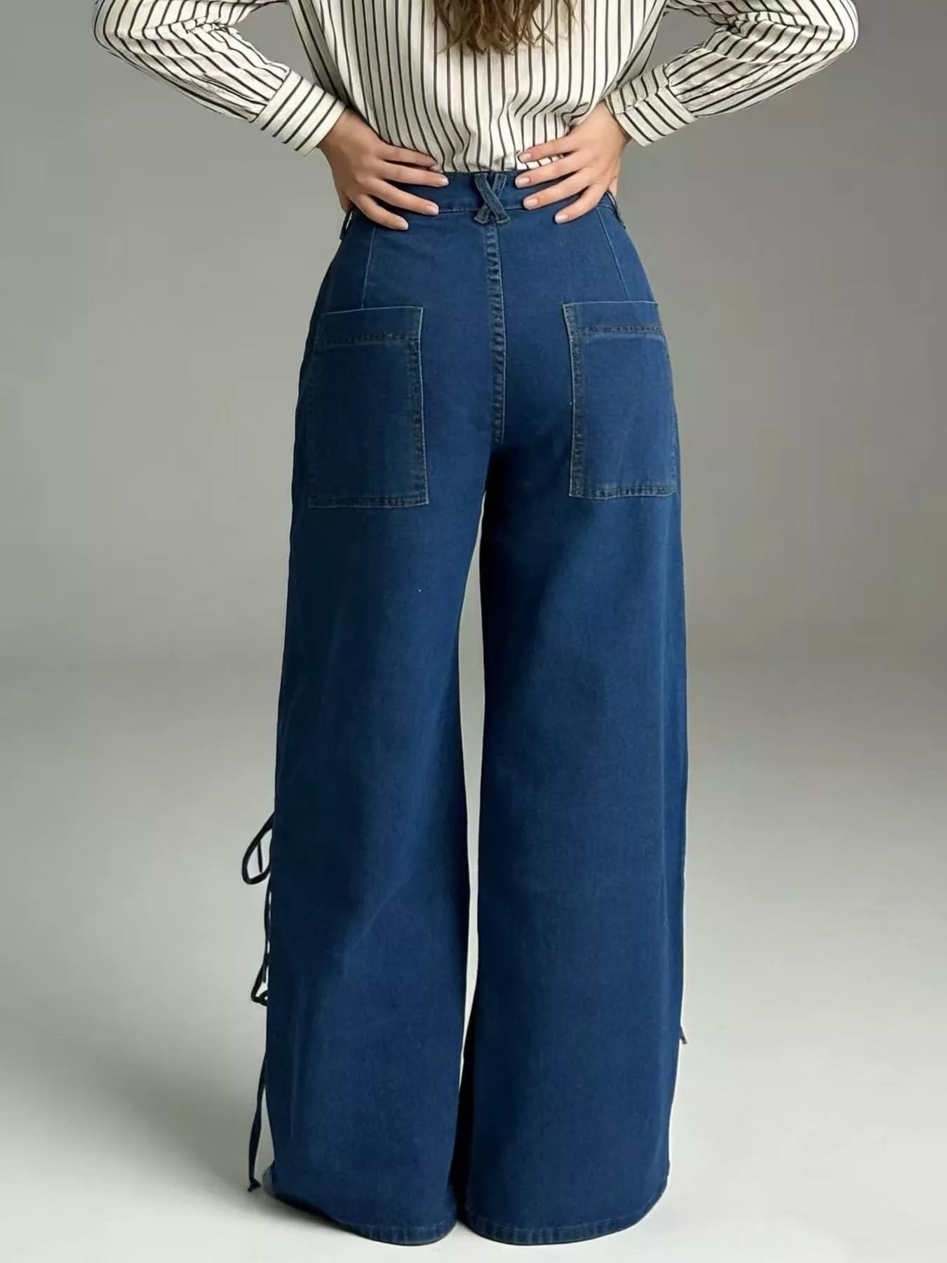 Women's Wide Leg Denim Jeans with Side Lace-Up Detail