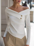 White Off-Shoulder Long Sleeve Blouse with Button Detail