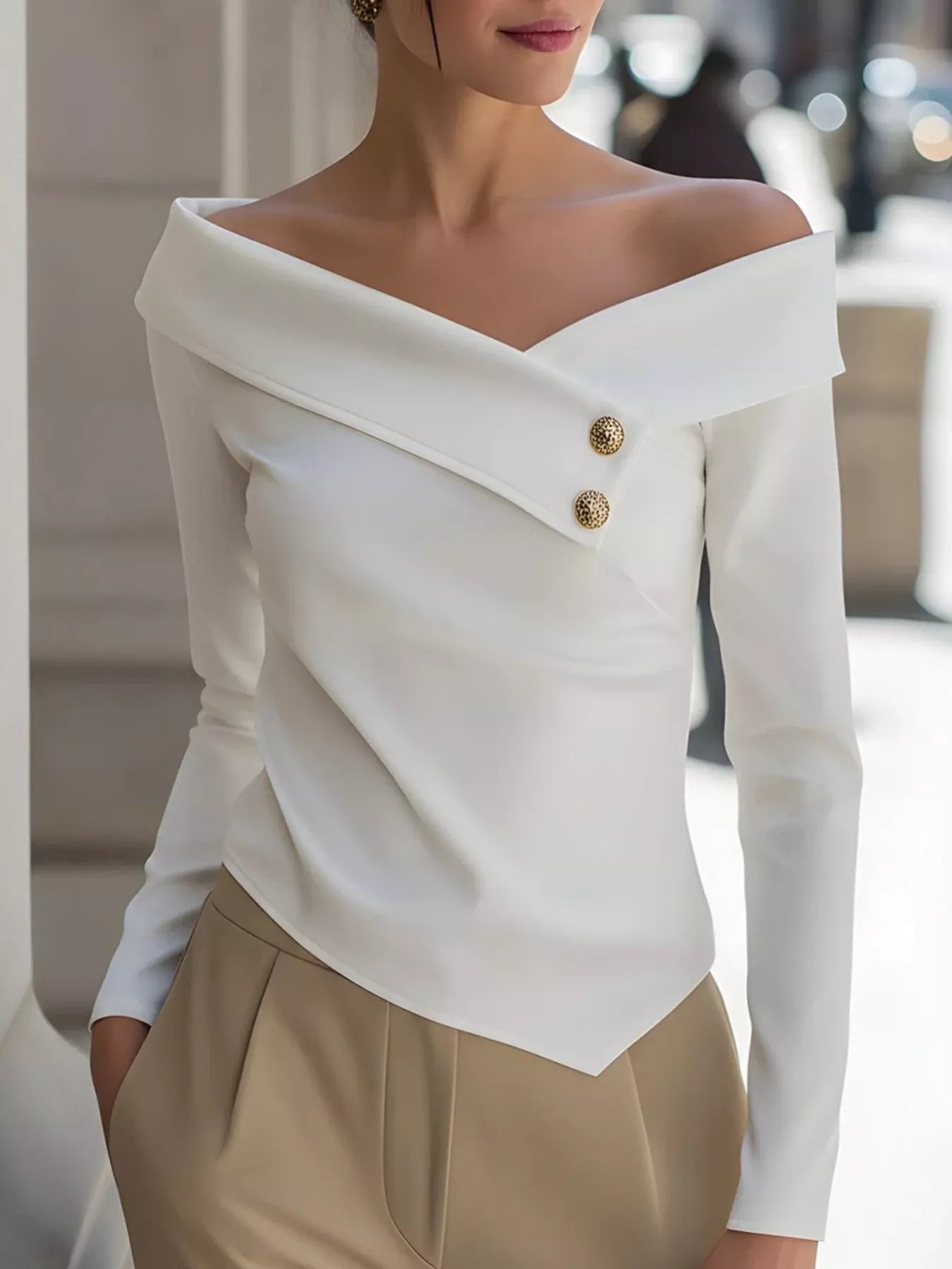 White Off-Shoulder Long Sleeve Blouse with Button Detail