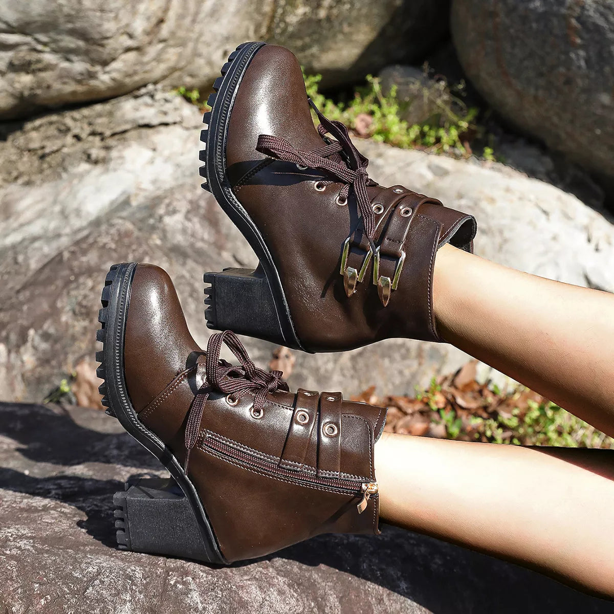 Women's Lace Up Block Heel Boots in Brown Faux Leather
