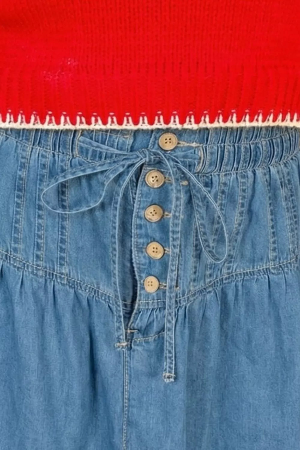 Button-Front Ruffle Hem Denim Skirt with Drawstring Waist