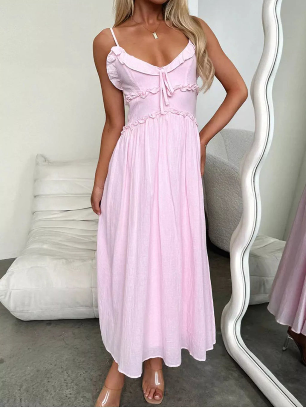 Light Pink Ruffled Spaghetti Strap Midi Dress