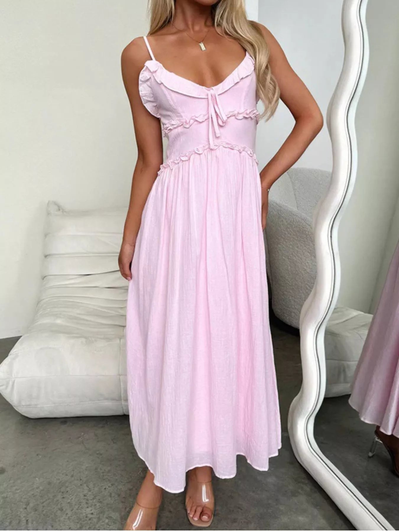 Light Pink Ruffled Spaghetti Strap Midi Dress
