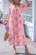 Pink Floral Notched Neck Flutter Sleeve Tiered Midi Dress