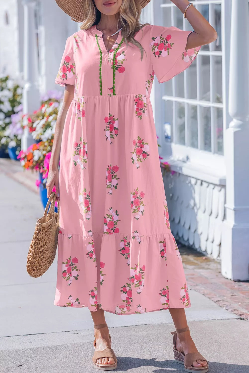 Pink Floral Notched Neck Flutter Sleeve Tiered Midi Dress