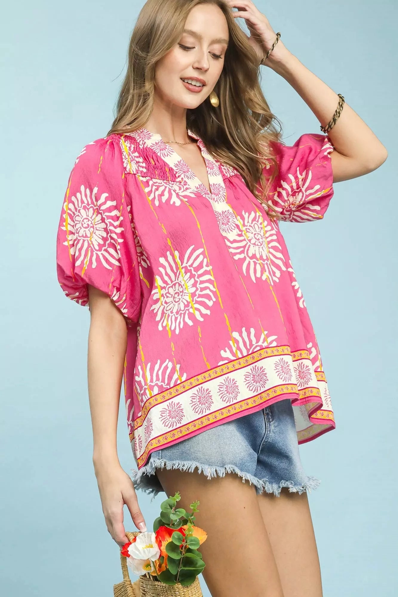 Floral Border Smocked V-Neck Boho Blouse in Bright Pink