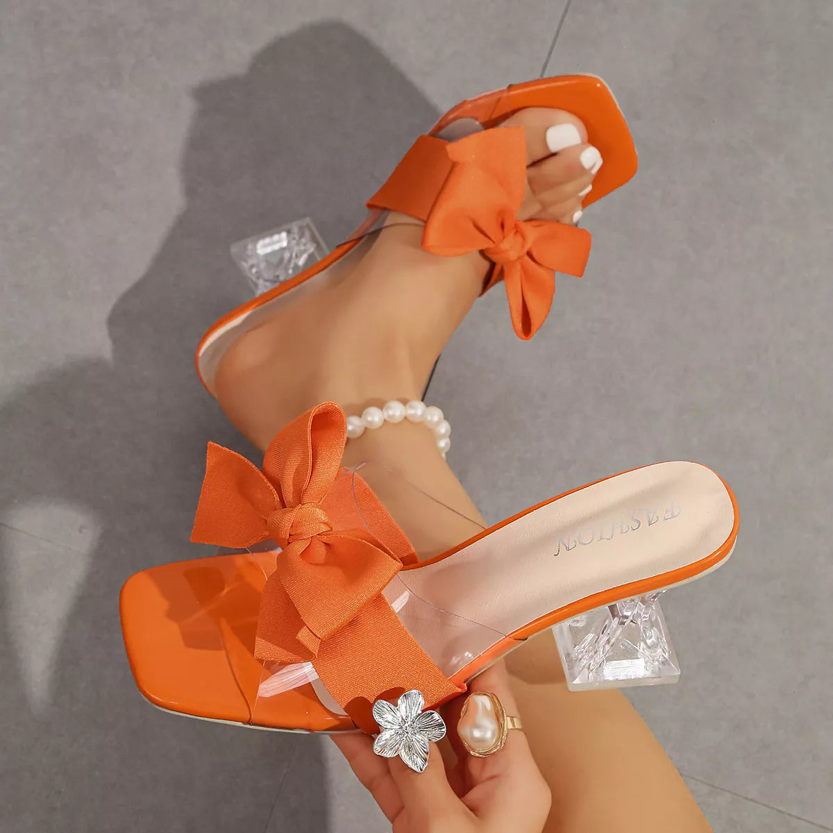 Open Toe Mid Heel Sandals with Decorative Bow Detail