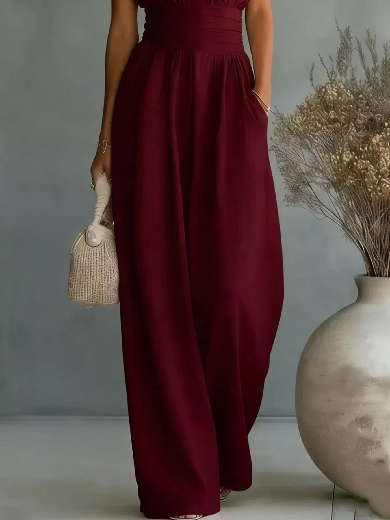 Sleeveless Wide Leg Jumpsuit with Waist Tie in Light Blue