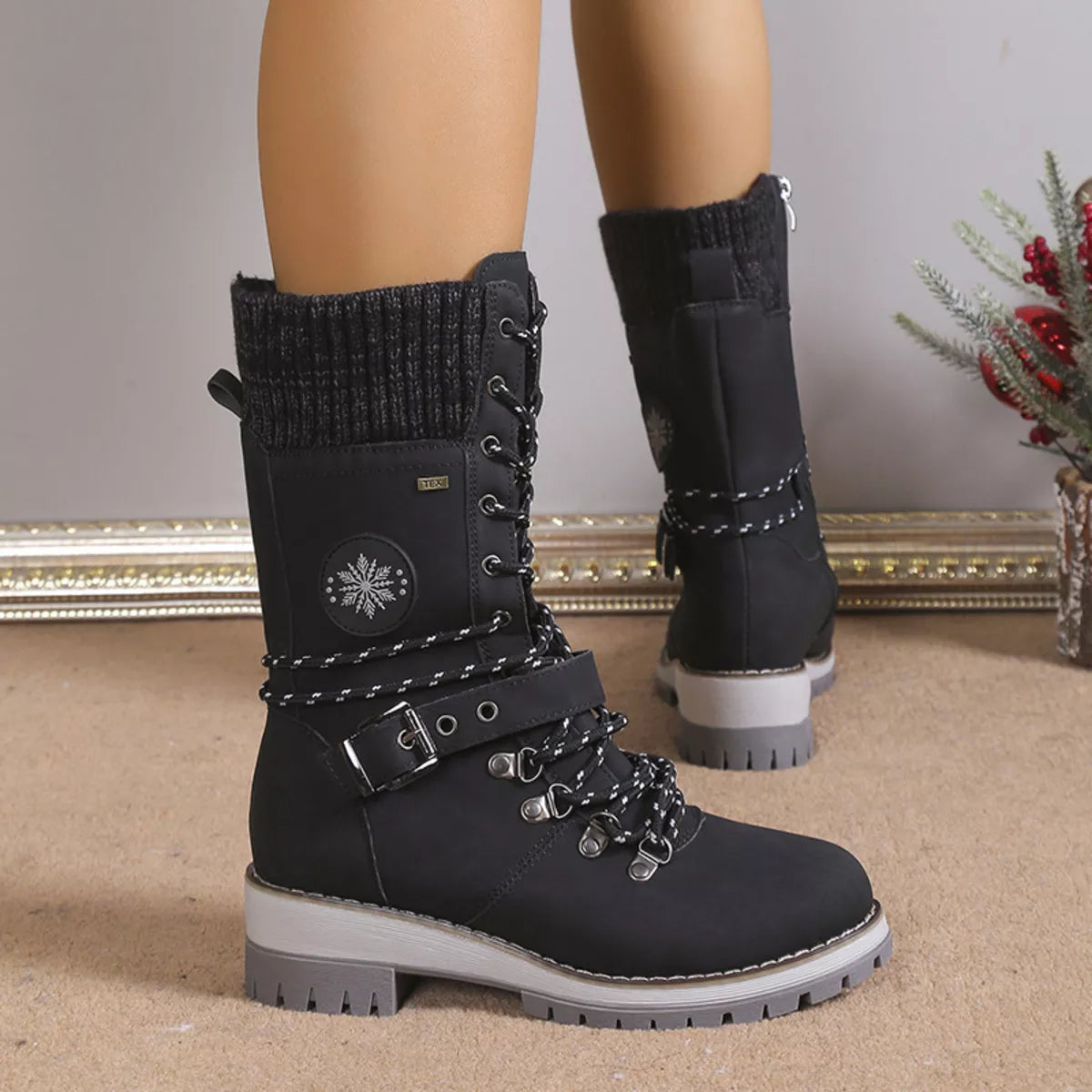 Women's Grey Lace Up Winter Boots with Knit Cuff and Buckle Detail