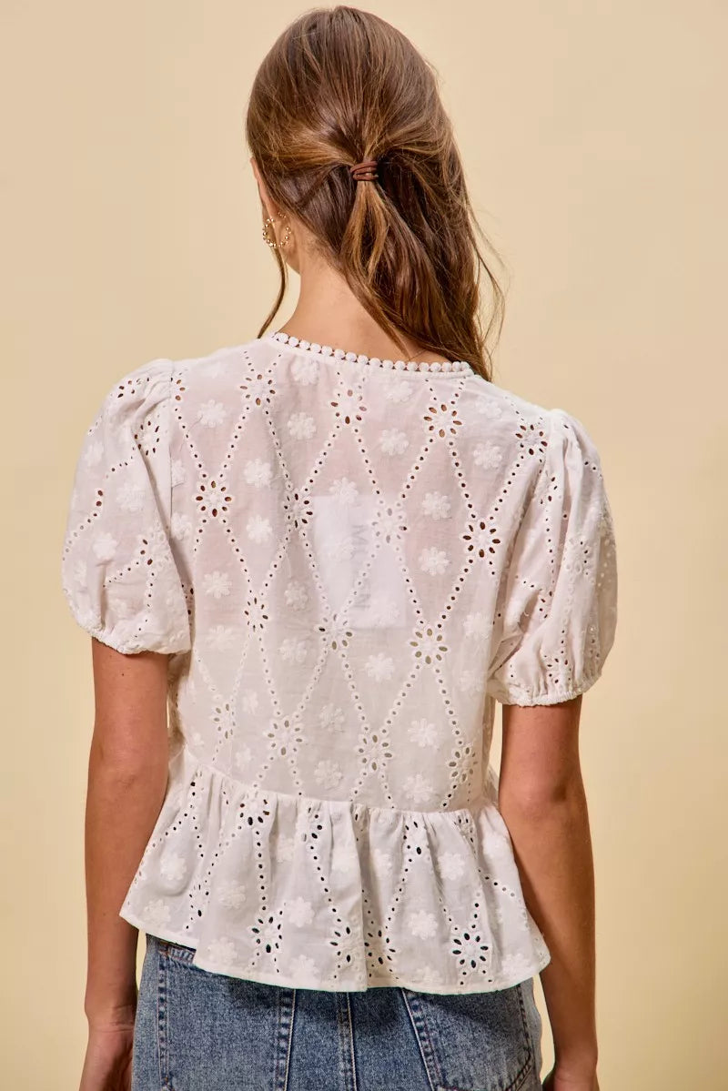 Women's Cotton Eyelet Blouse with Front Tie