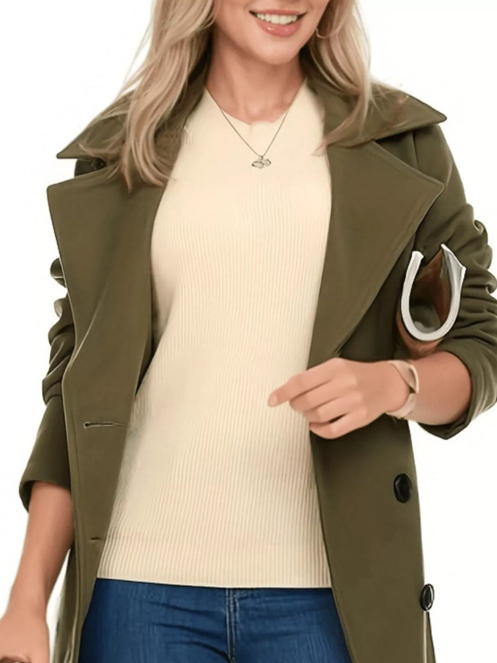 Women's Olive Double Breasted Belted Coat with Long Sleeves