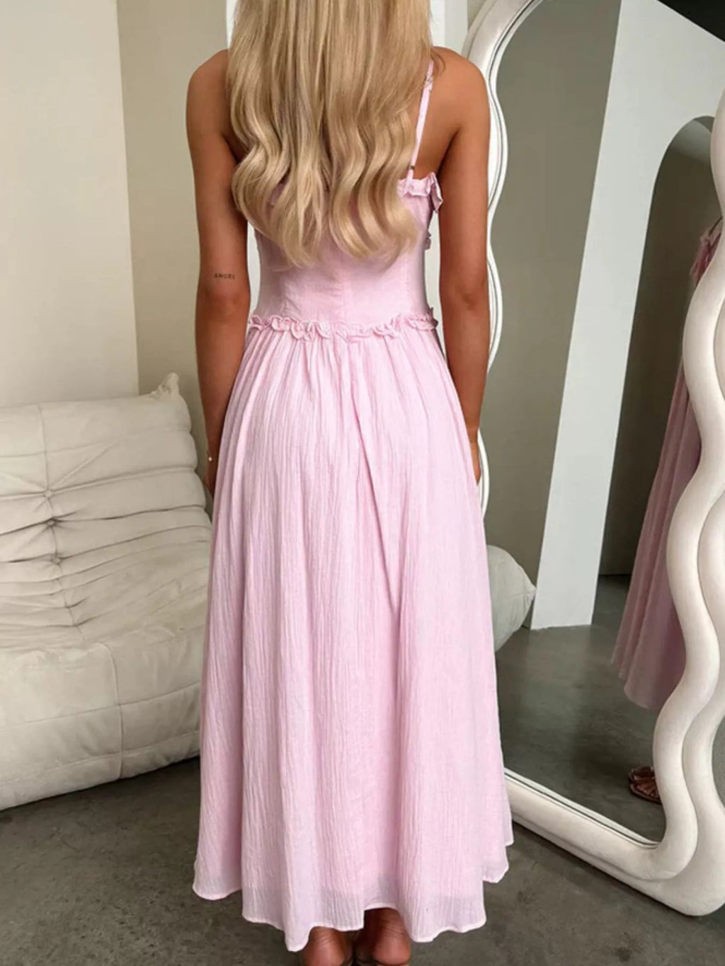 Light Pink Ruffled Spaghetti Strap Midi Dress