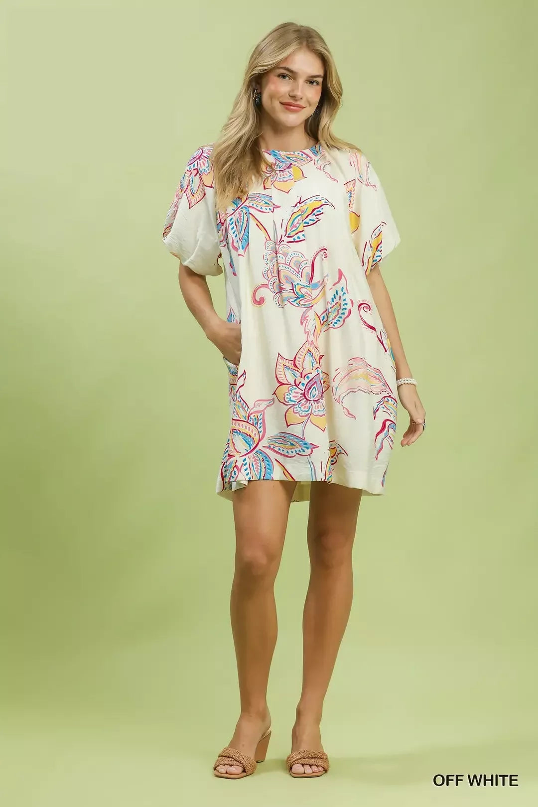 Off White Boho Floral Print Mini Dress with Pockets