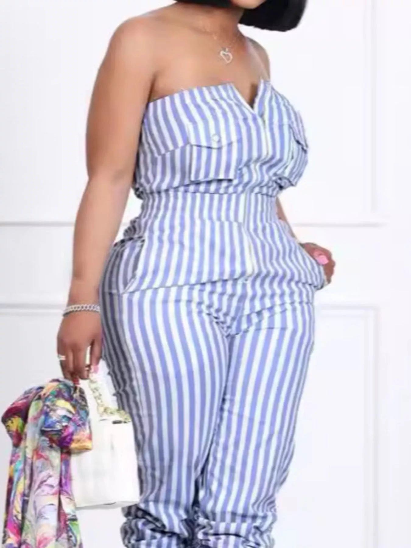 Blue and White Striped Strapless Casual Jumpsuit with Pockets