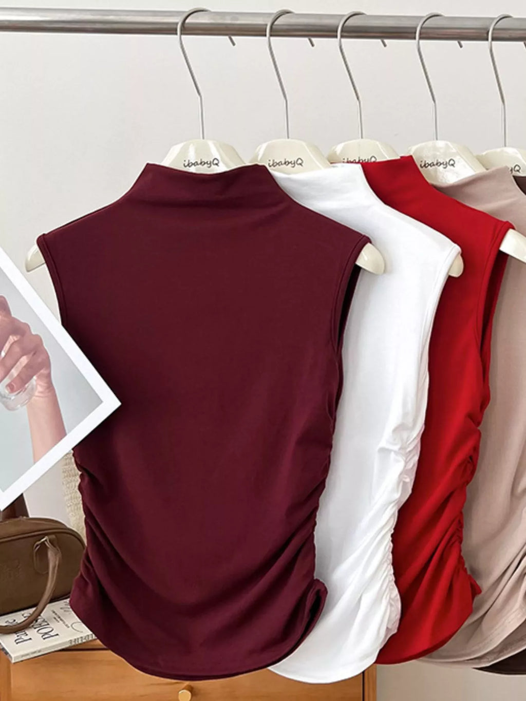 Ruched Mock Neck Sleeveless Tank Top