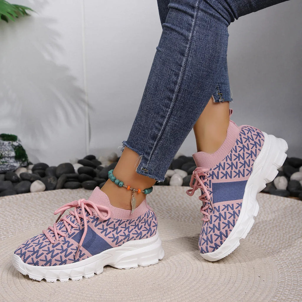 Women's Letter Print Lace-Up Sneakers with Chunky Pink Sole