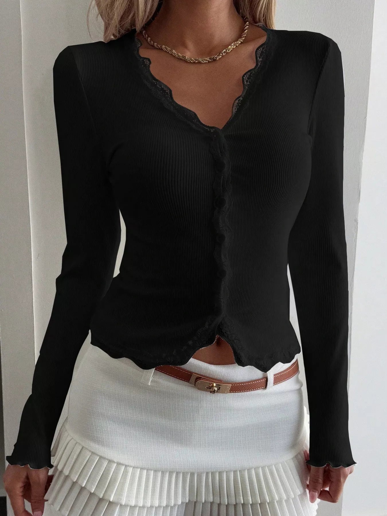 White Lace Trim Long Sleeve Ribbed Buttoned Top