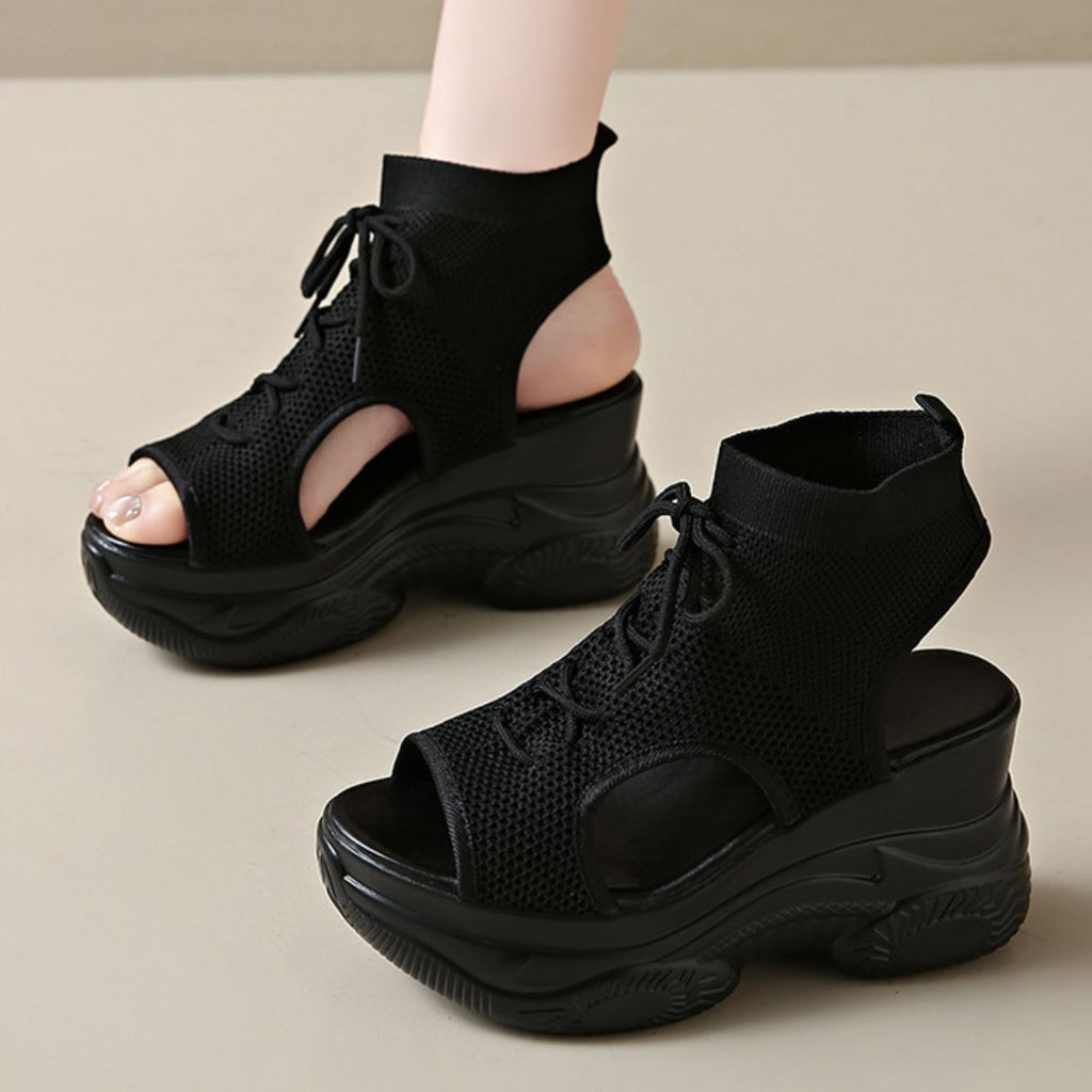 Women's Cutout Mesh Wedge Sandals - White & Black