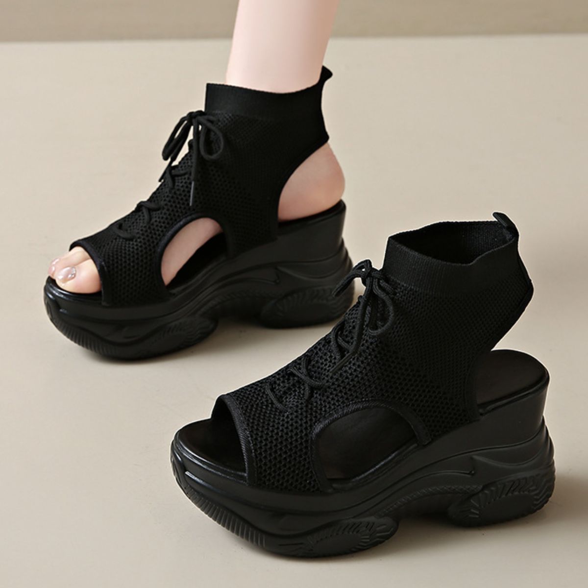 Women's Cutout Mesh Wedge Sandals - White & Black