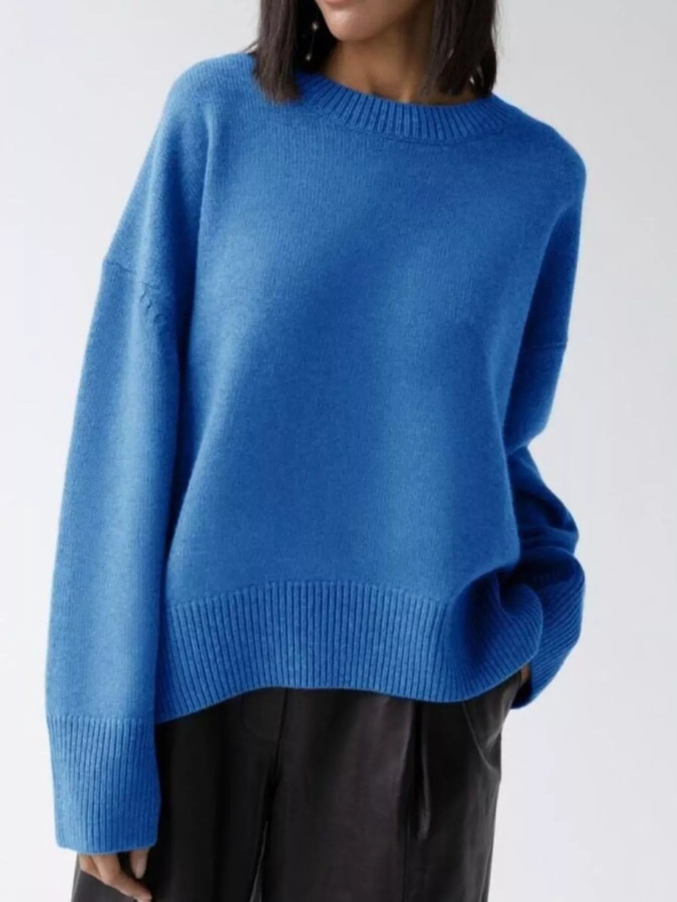 Women's Royal Blue Round Neck Ribbed Hem Long Sleeve Sweater