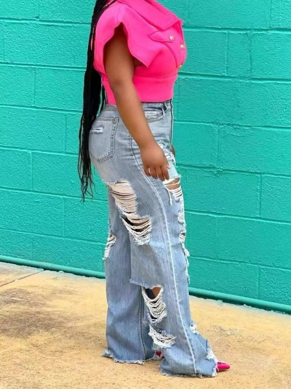 Distressed Wide Leg Denim Jeans in Light Wash