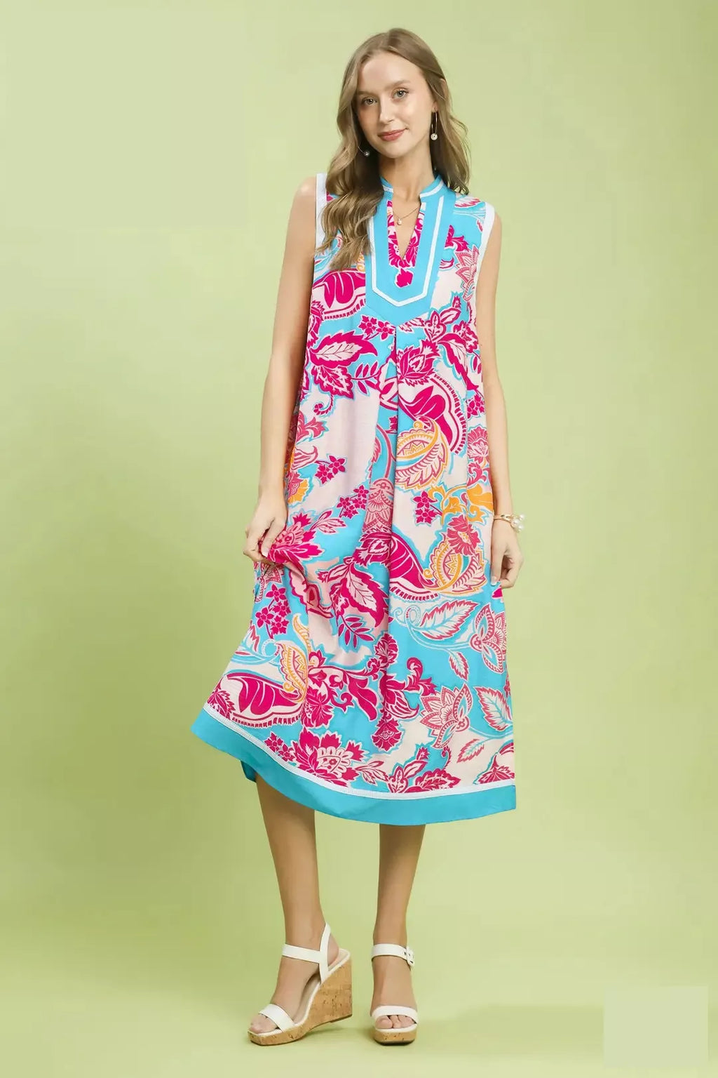 Floral Sleeveless Midi Dress with Pockets in Pink and Blue