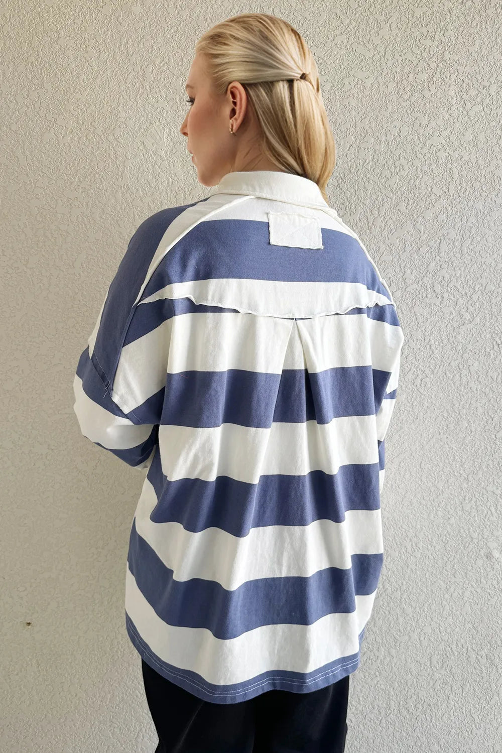 Women's Blue and White Striped Pima Cotton Long Sleeve Polo Top