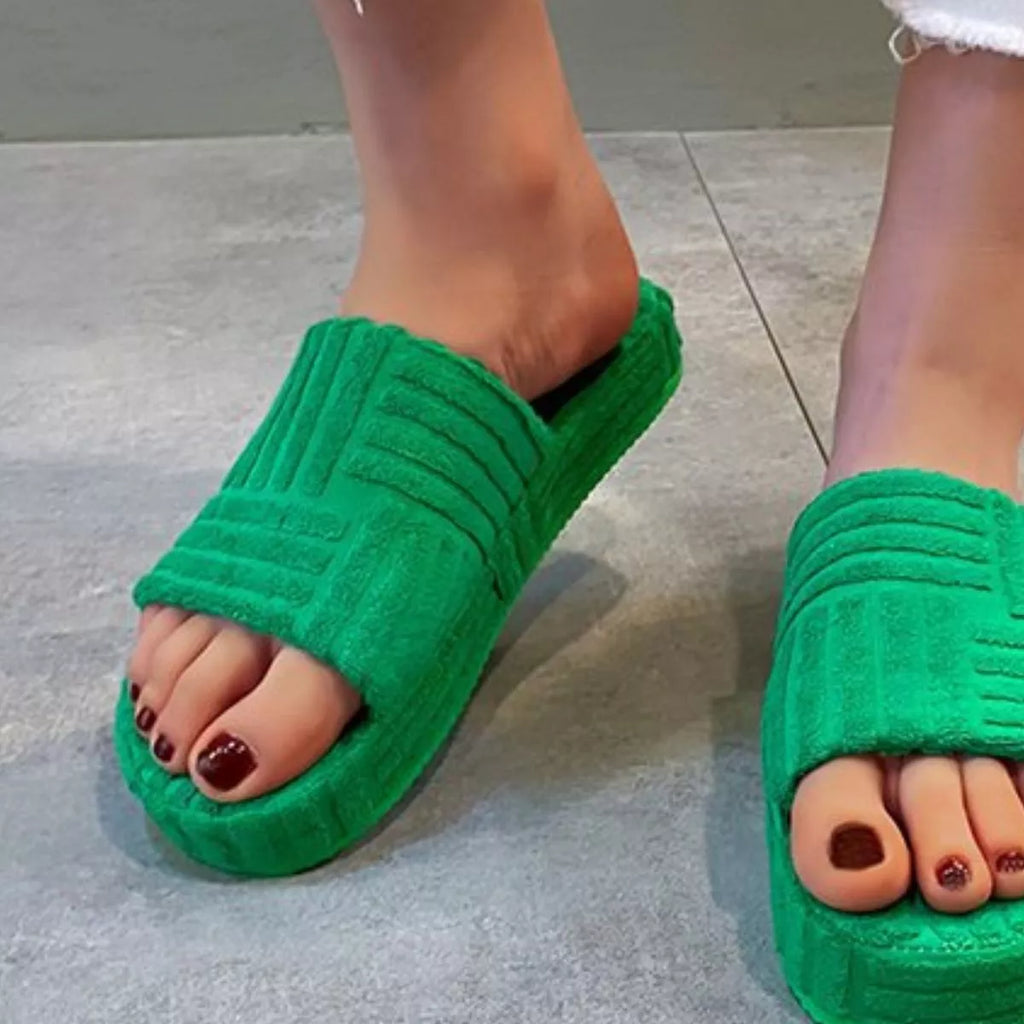 White Open Toe Platform Slippers Textured Slide Sandals