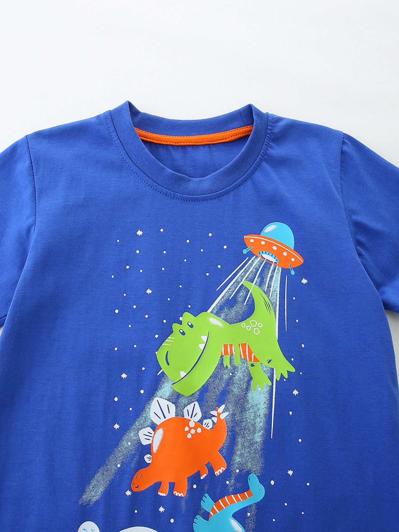Boys Blue Short Sleeve Dinosaur and UFO Graphic Cotton T-Shirt