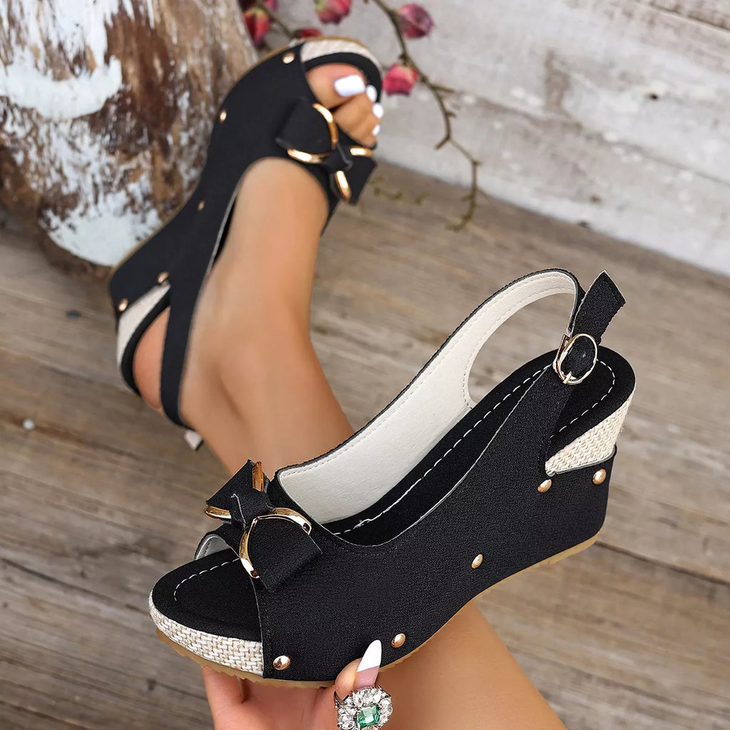 Peep Toe Wedge Sandals with Bow Detail and Slingback Strap