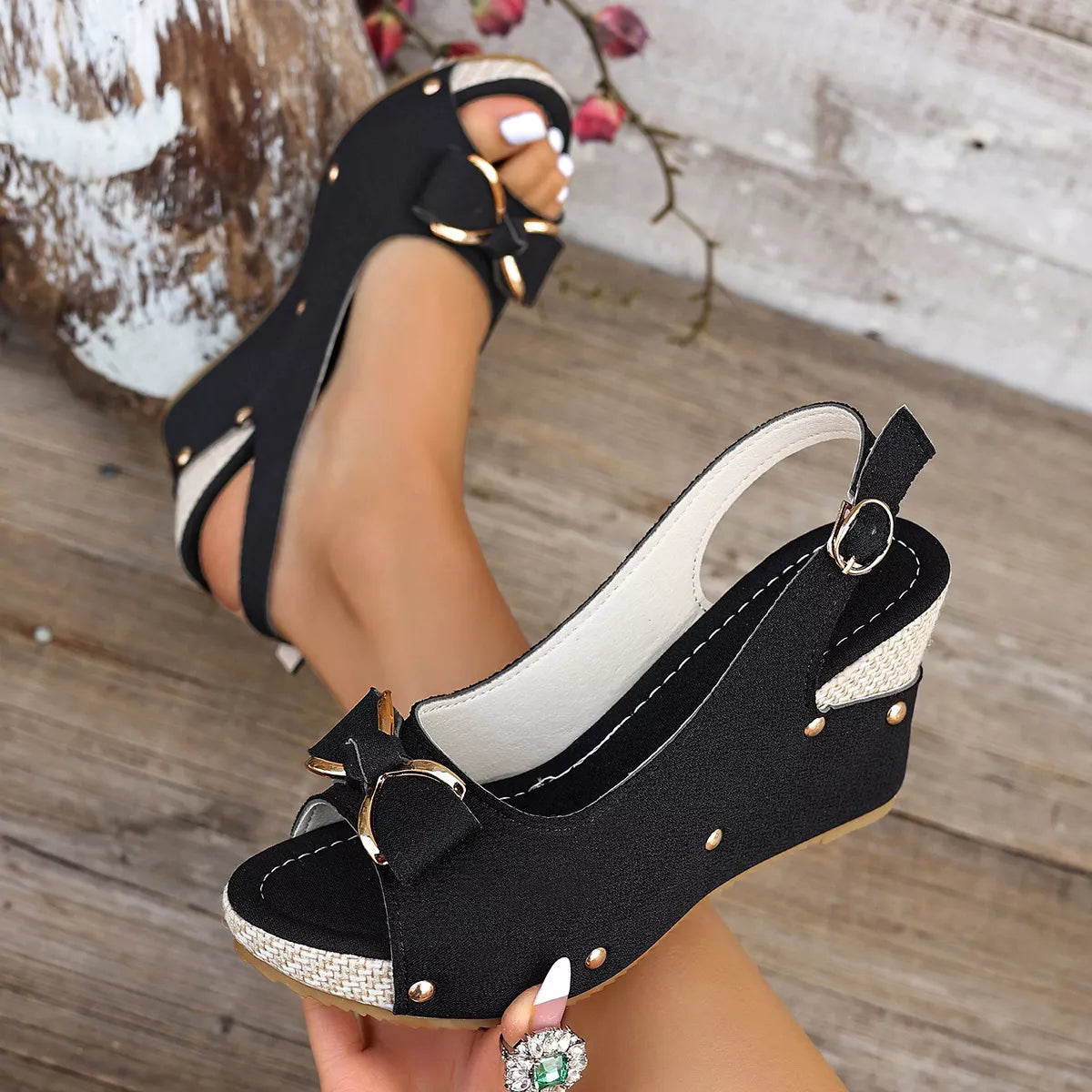 Peep Toe Wedge Sandals with Bow Detail and Slingback Strap