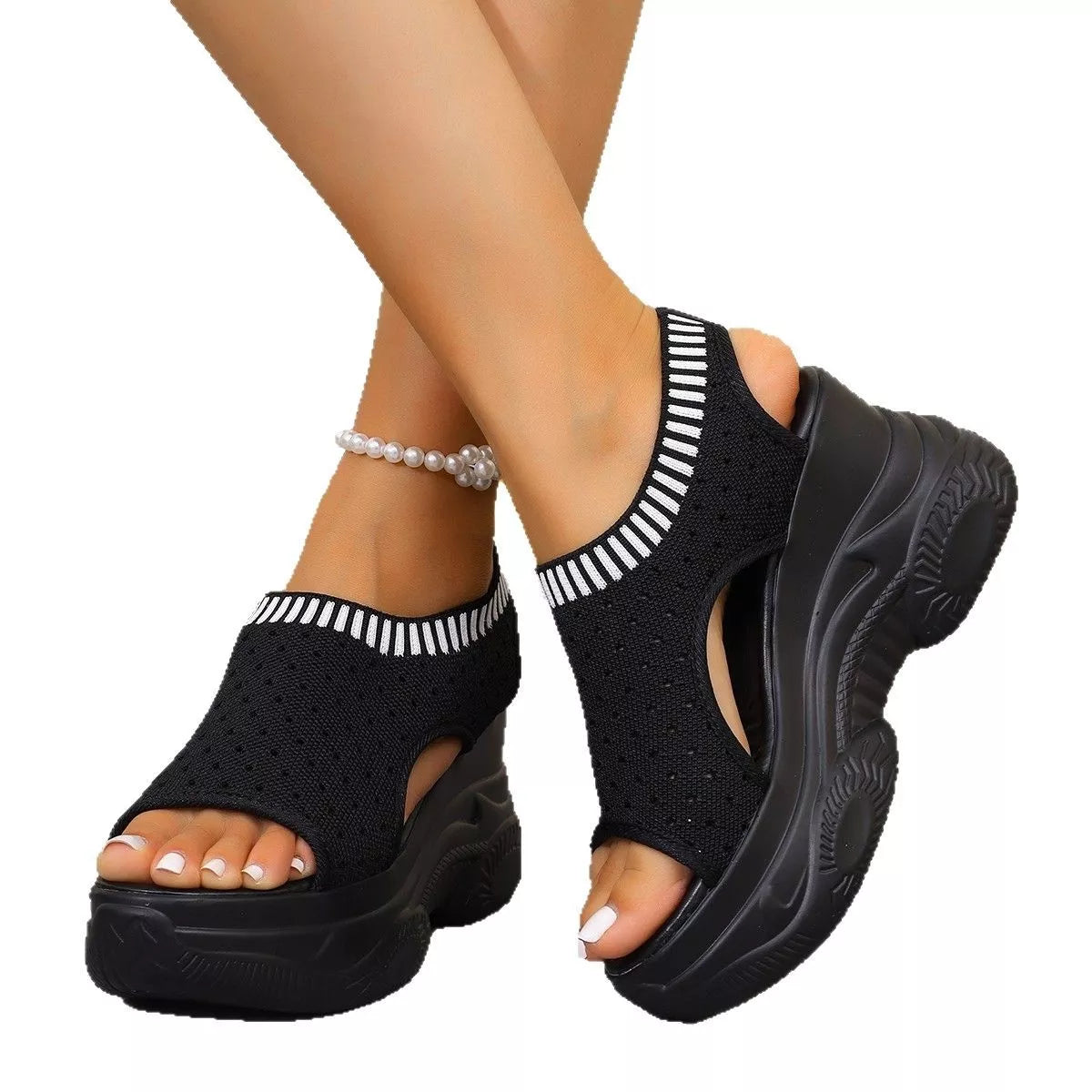 Women's Black Mesh Platform Wedge Sandals Comfortable Casual Mules