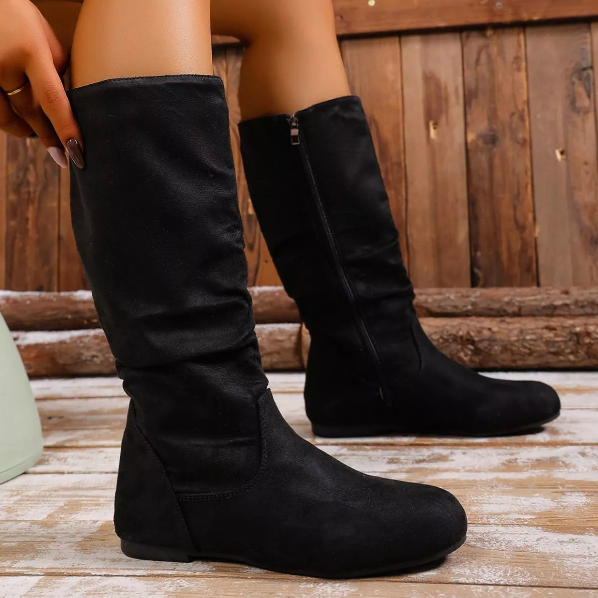 Women's Round Toe Side Zip Suede Mid-Calf Boots