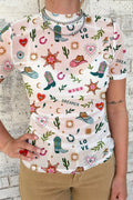 Western Print Sheer Mesh Short Sleeve Top