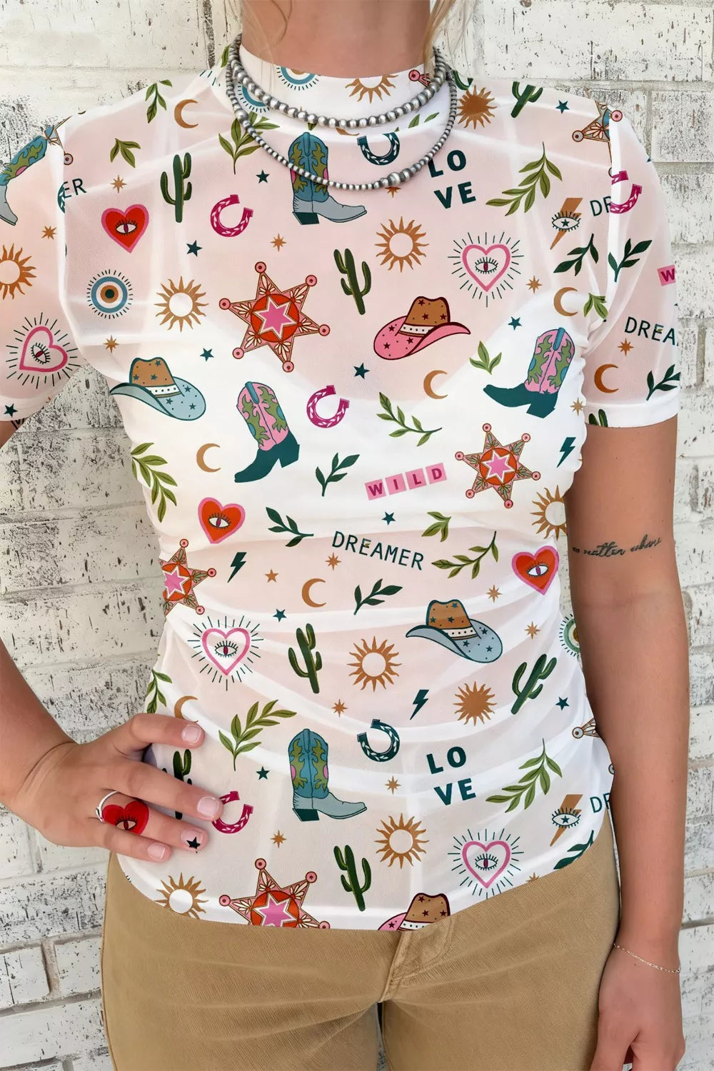 Western Print Sheer Mesh Short Sleeve Top