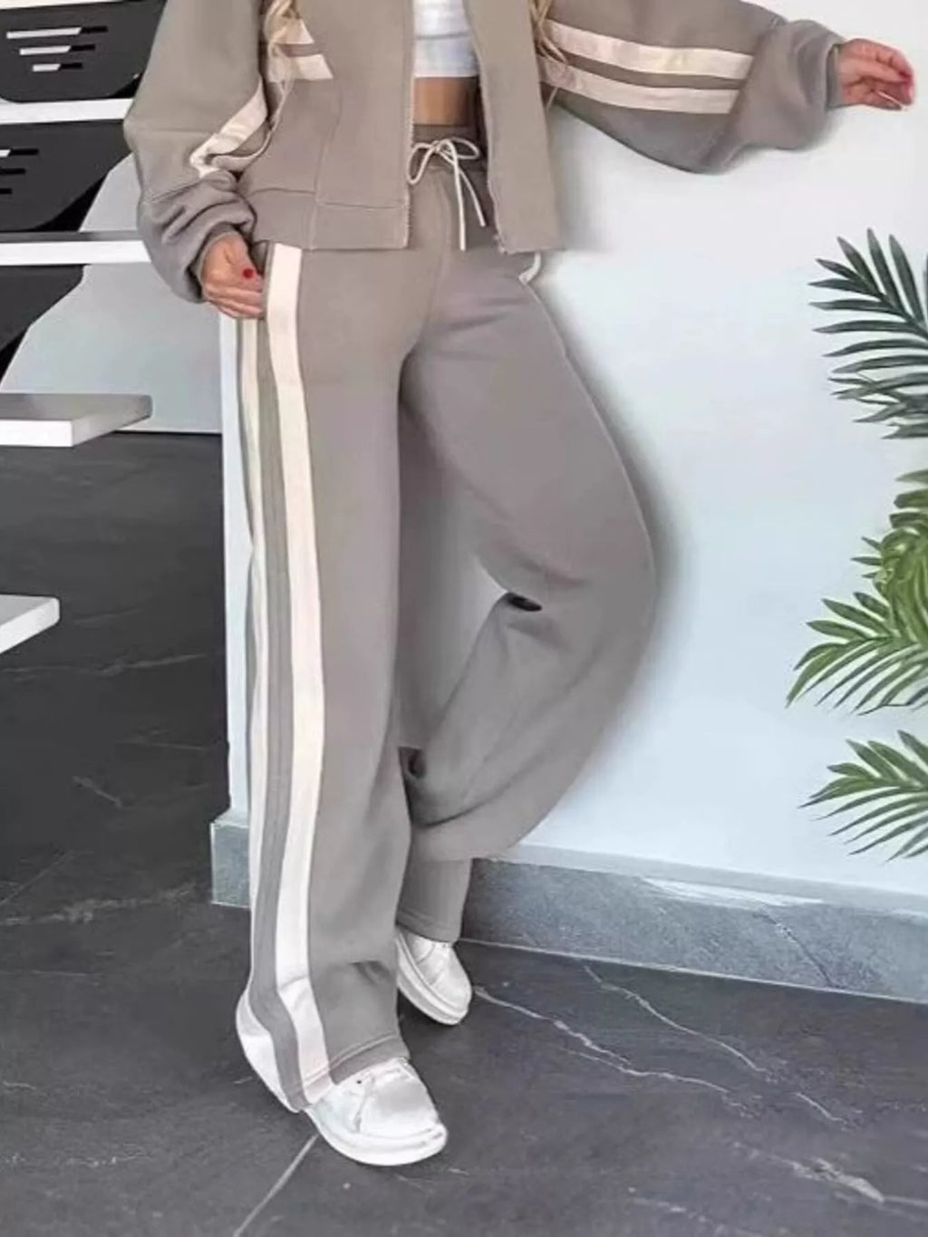 Women White Red Striped Zip Up Track Jacket and Pants Set