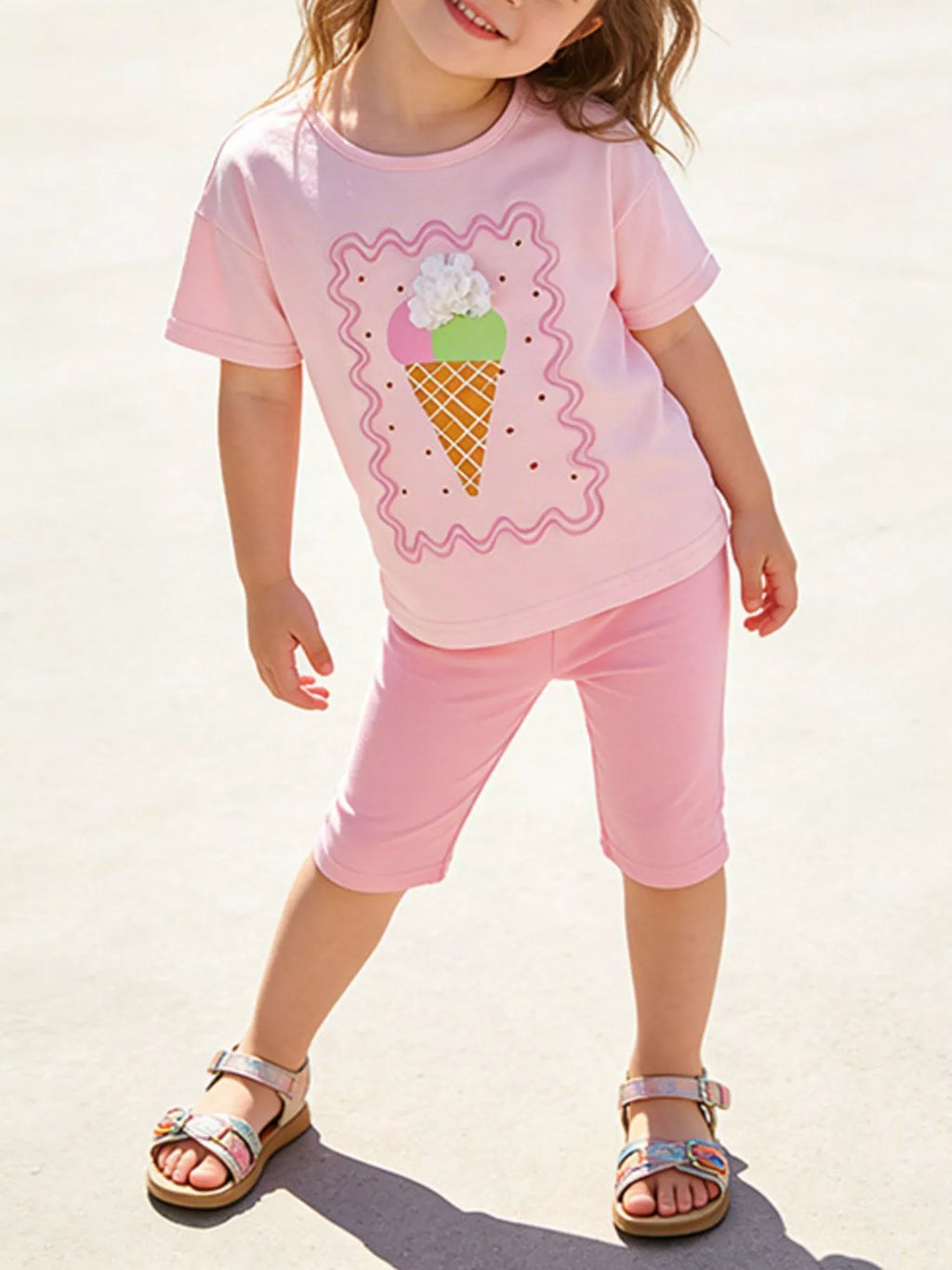 Girls Pink Ice Cream Graphic T-Shirt and Capri Pants Outfit Set