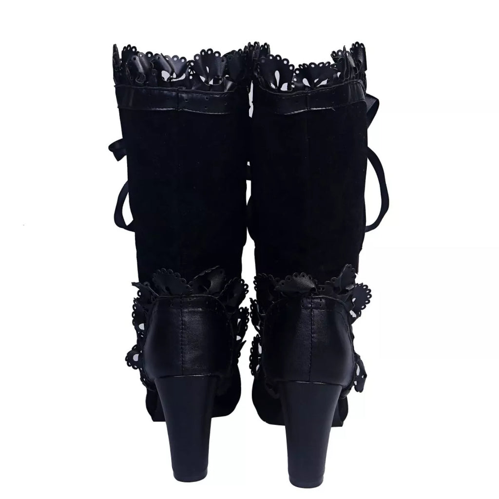 Women's Black Lace Up Block Heel Boots with Ruffled Trim
