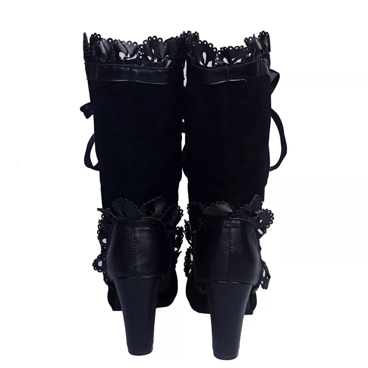 Women's Black Lace Up Block Heel Boots with Ruffled Trim