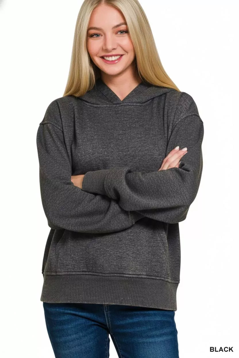 Zenana Fleece Acid Wash Hoodie with Kangaroo Pocket
