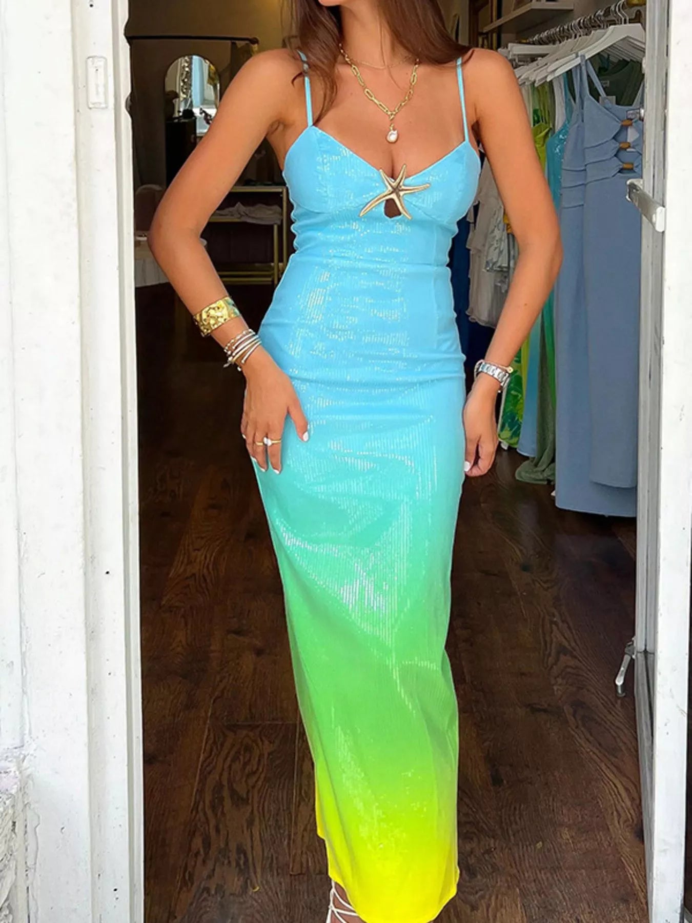 Gradient Cami Maxi Dress with Sequin Detail and Slit Back