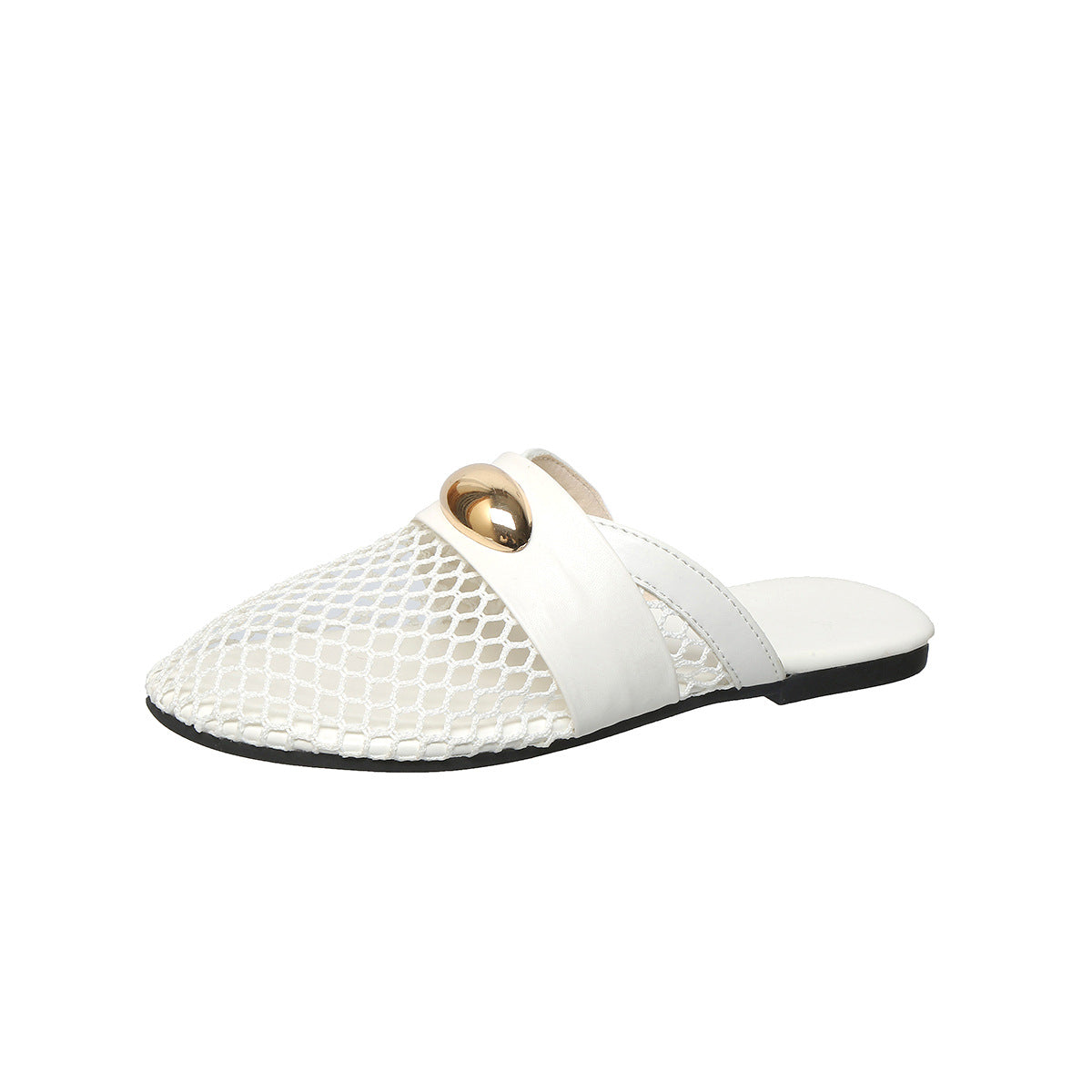 White Mesh Round Toe Slip-On Flats Sandals with Gold Buckle
