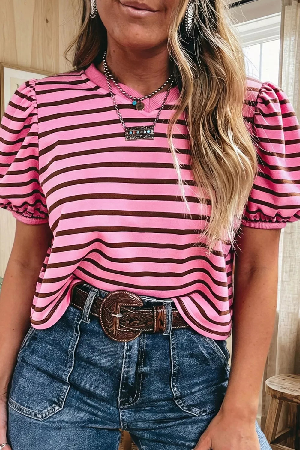 Pink and Brown Striped Puff Sleeve V-Neck Cotton Blend Top