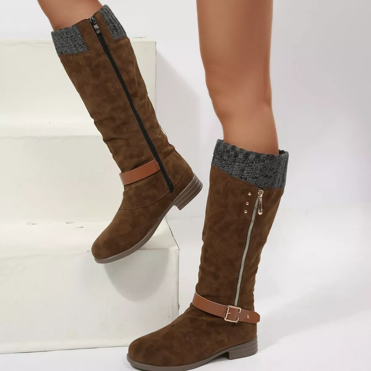 Women Black Suede Mid-Calf Boots with Knit Cuff and Buckle Detail