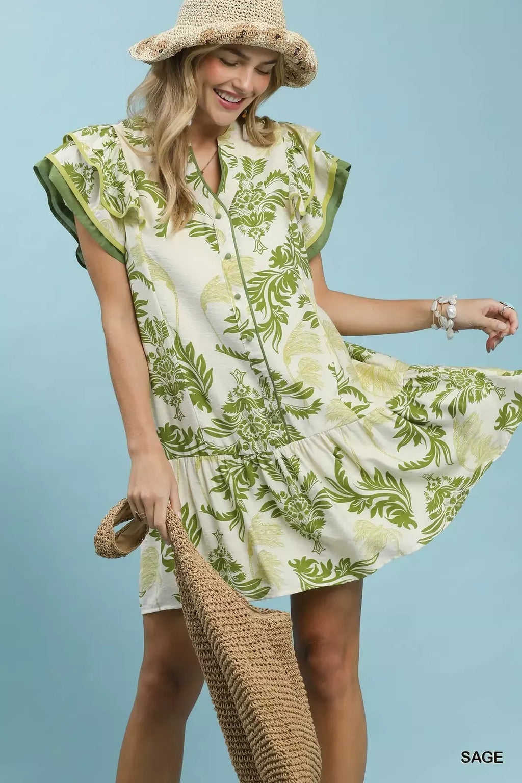 Sage Toile Print Button Front Mini Dress with Flutter Sleeves